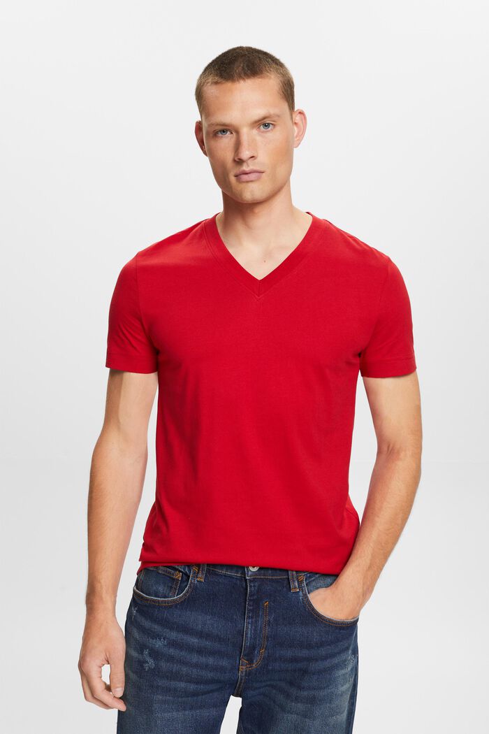 V-ringad T-shirt i jersey, 100% bomull, DARK RED, detail image number 0