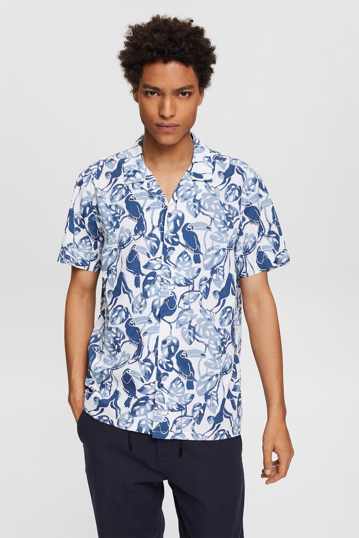 Kortärmad skjorta med tropiskt mönster, 100% bomull, BLUE, detail image number 1