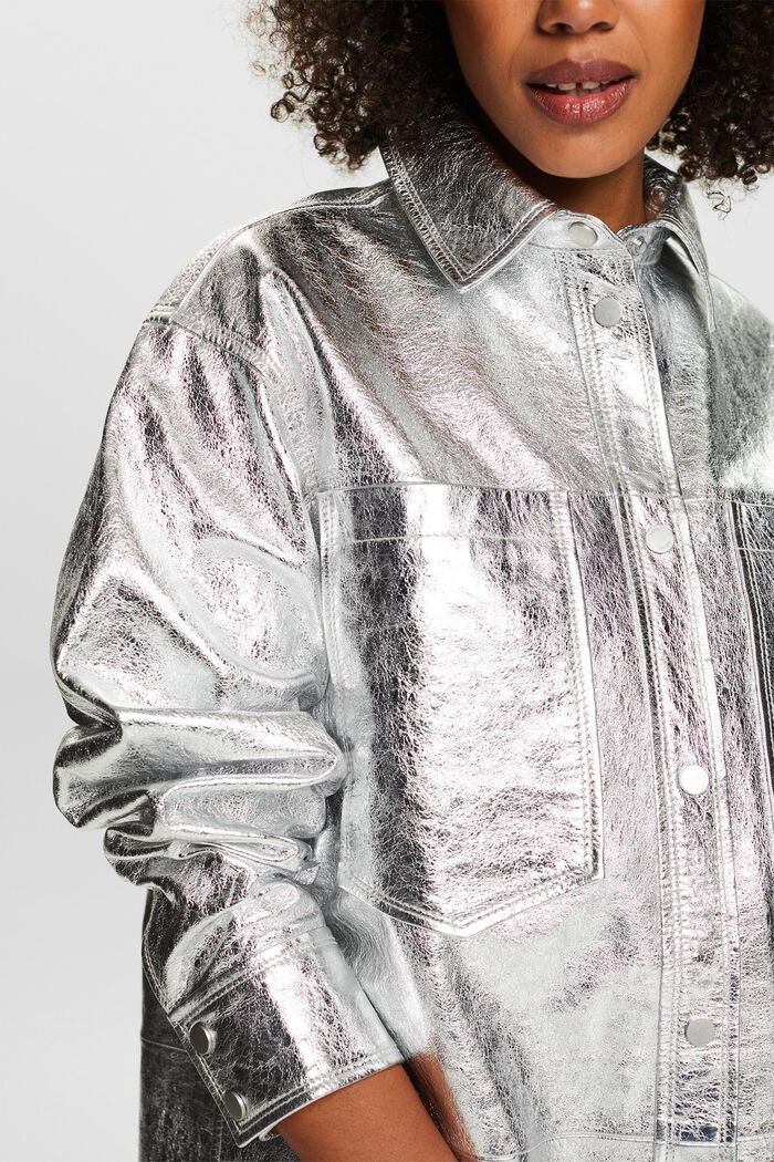 Skjortjacka i skinn med metallicbeläggning, SILVER, detail image number 3
