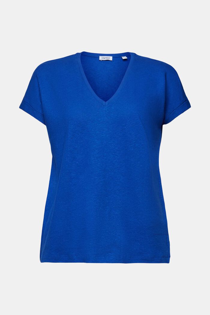 V-ringade T-shirt med bomull-linnemix, BRIGHT BLUE, detail image number 5