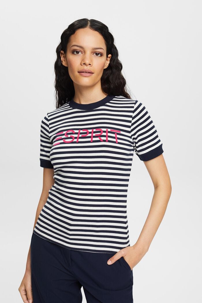 Randig bomulls-T-shirt med logotryck, NAVY, detail image number 0