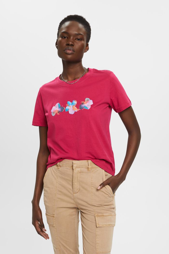 Bomulls-T-shirt med blomtryck, DARK PINK, detail image number 0