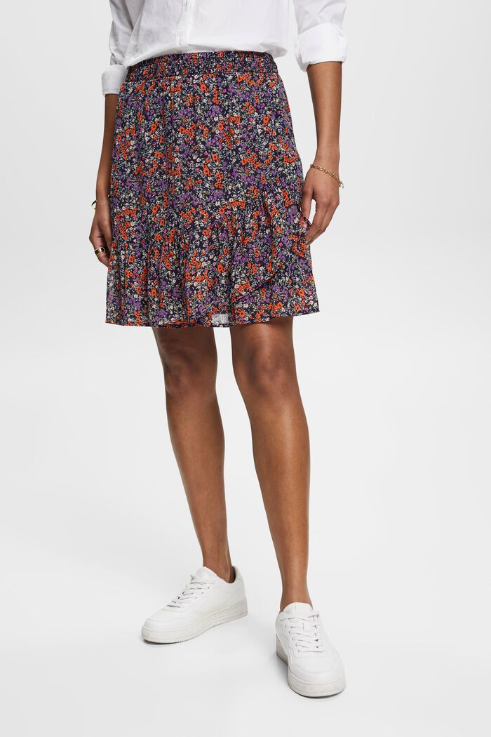 Blommönstrad kjol med volangfåll, NAVY, detail image number 0