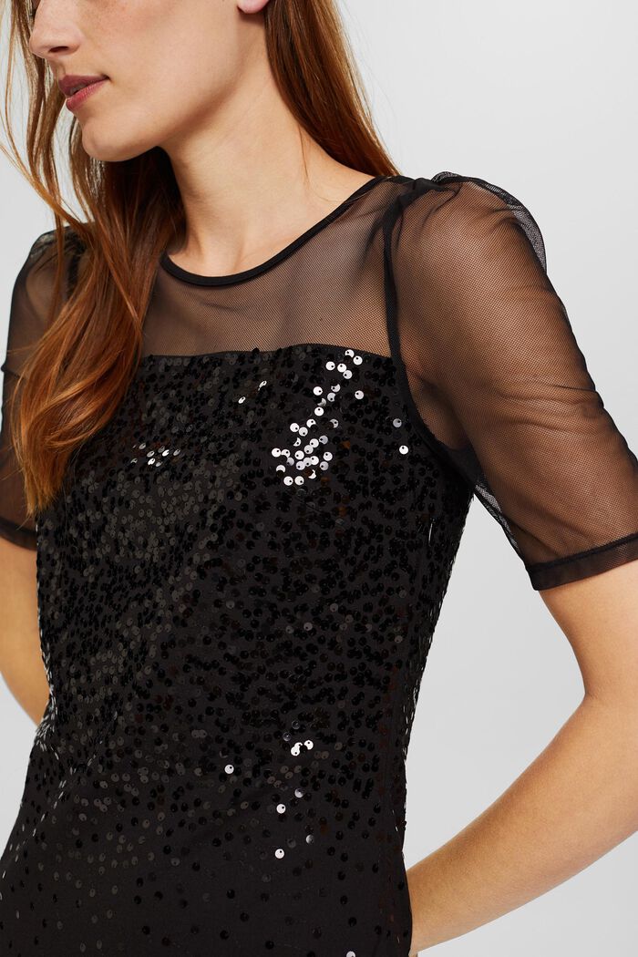 Jerseyklänning med mesh och paljetter, BLACK, detail image number 3