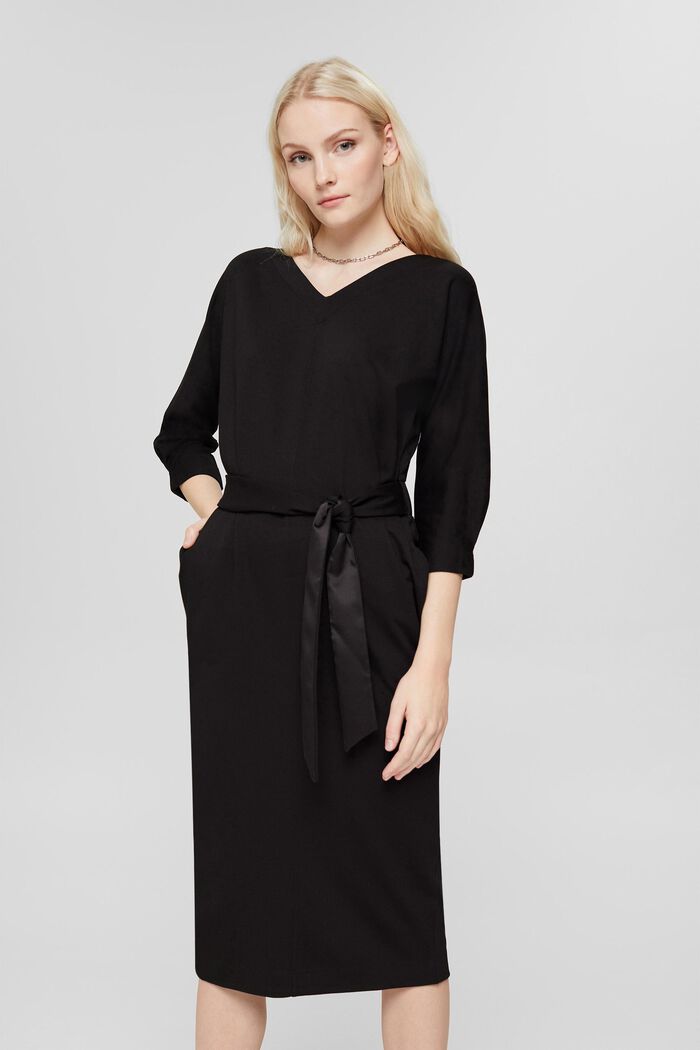 Stickad klänning med fixerat skärp, BLACK, overview