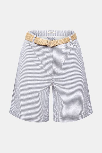 Randiga shorts med flätat raffia-skärp