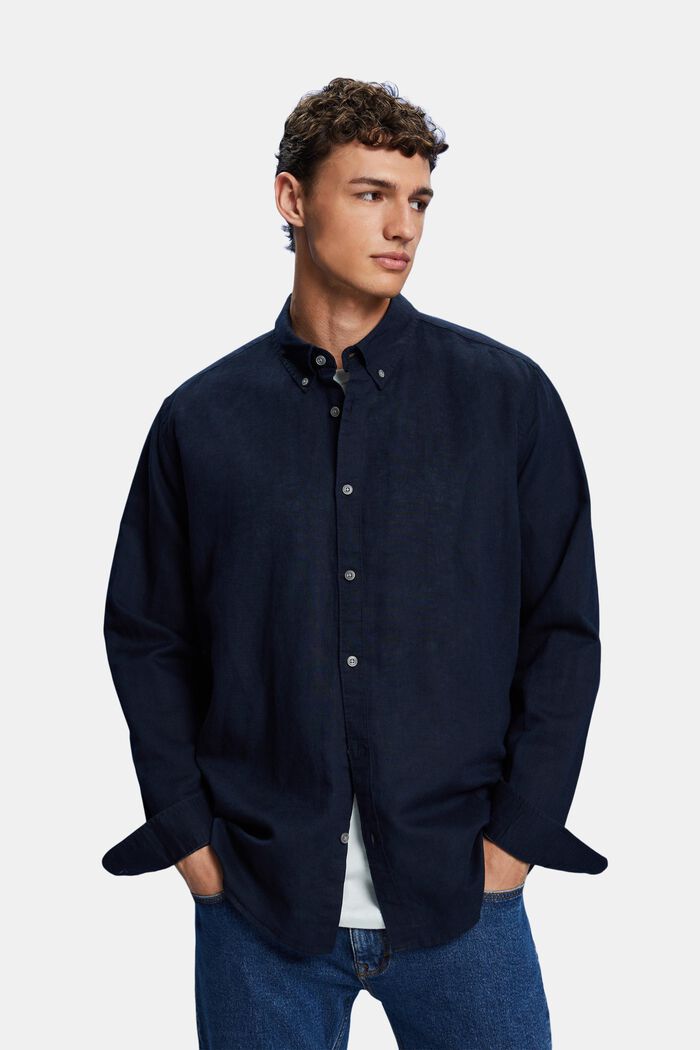 Button down-skjorta i blandad bomull och linne, NAVY, detail image number 0