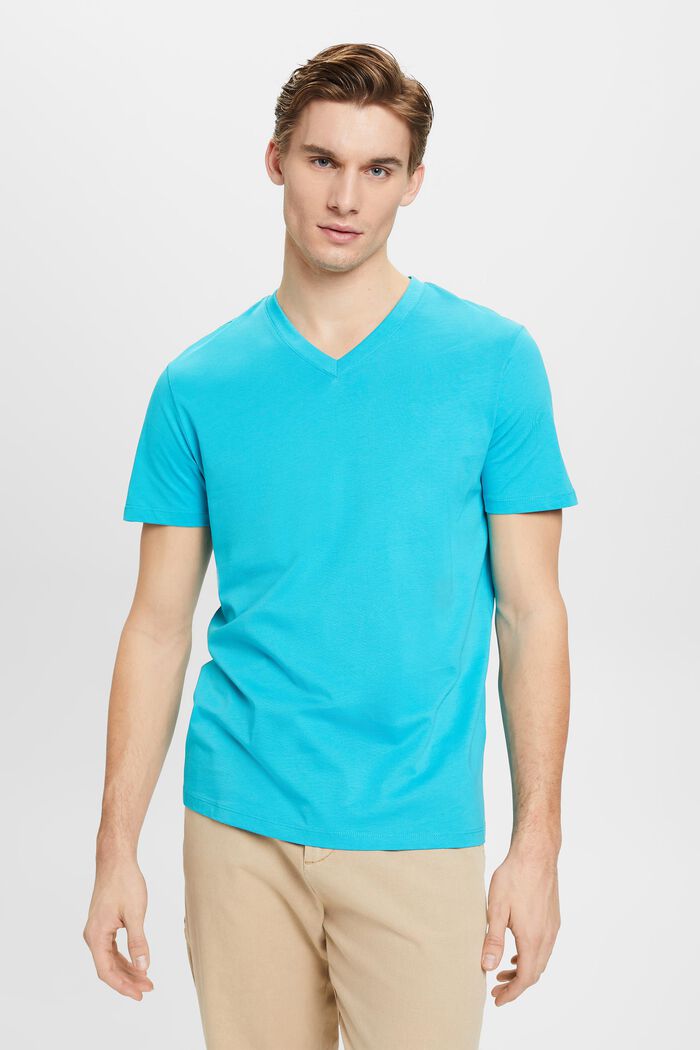 V-ringad T-shirt i bomull med smal passform, AQUA GREEN, detail image number 0
