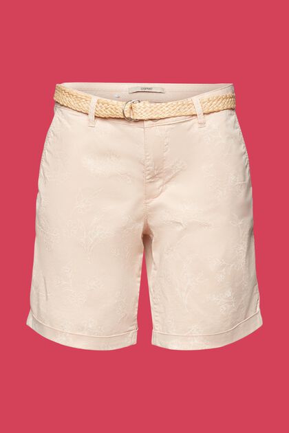 Mönstrade shorts med flätat raffia-skärp