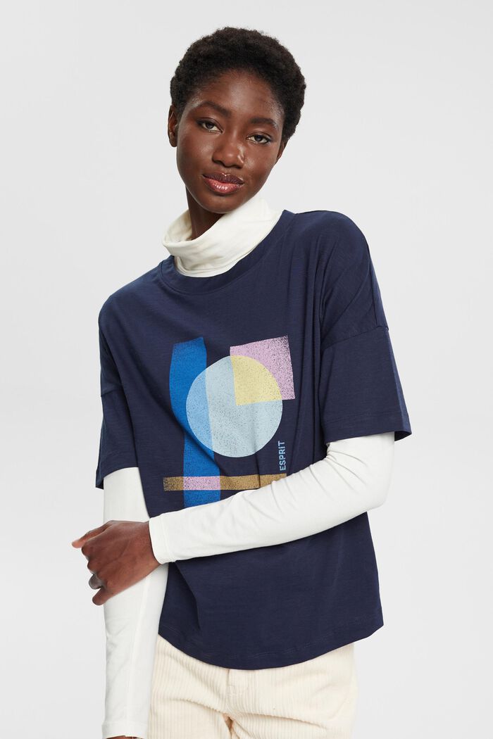 Bomulls-T-shirt med geometriskt mönster, NAVY, detail image number 0