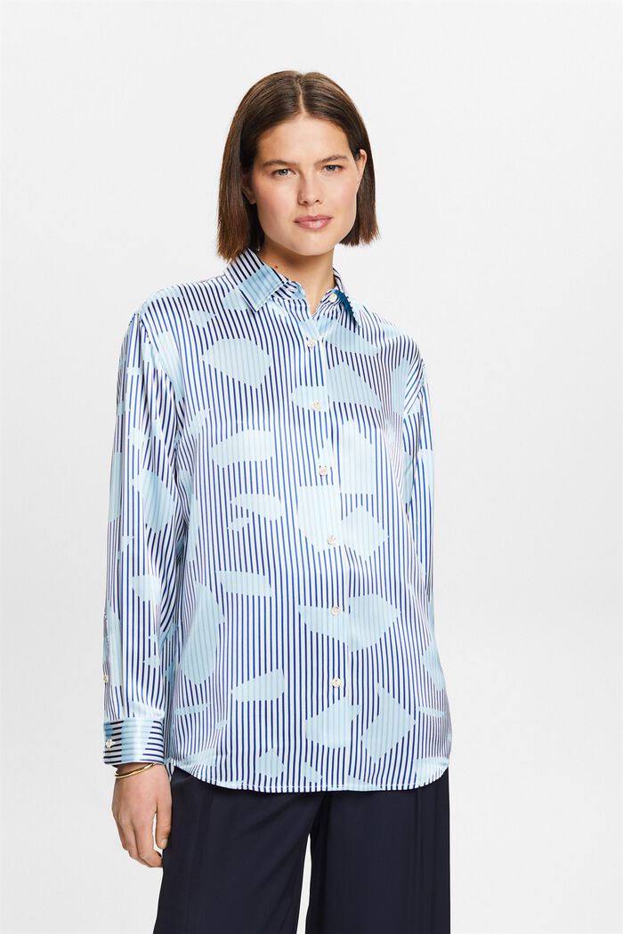 Mönstrad sidenskjorta med helknäppning, BRIGHT BLUE, detail image number 0