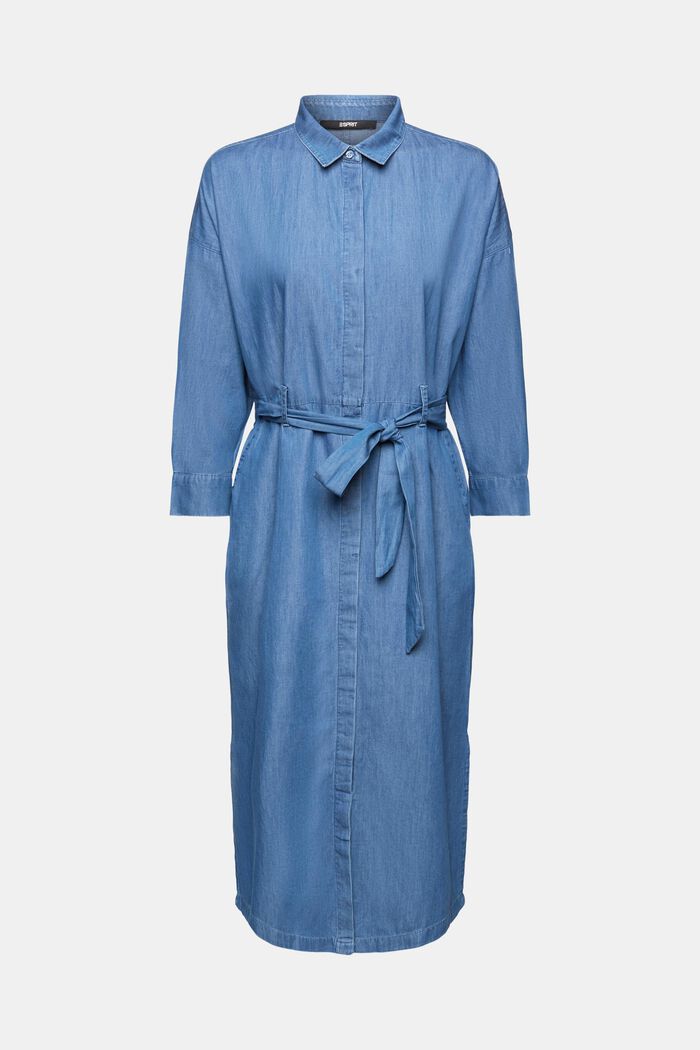 Midiklänning i bomullsdenim med knytskärp, BLUE MEDIUM WASHED, detail image number 6
