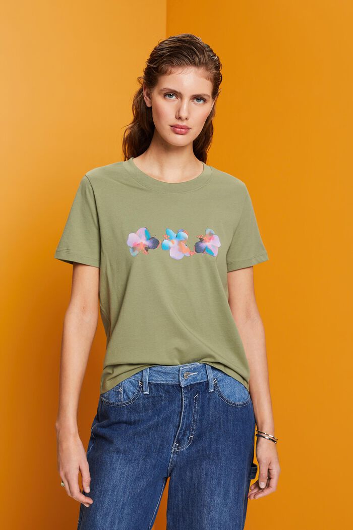 Bomulls-T-shirt med blomtryck, LIGHT KHAKI, detail image number 0