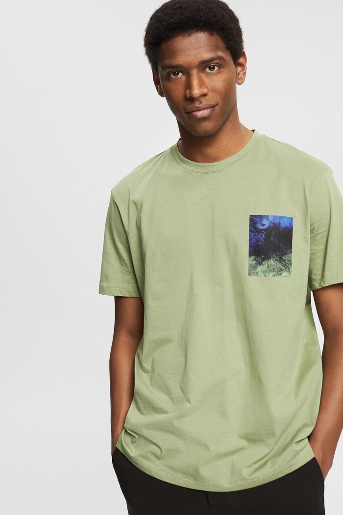 Jersey-T-shirt med tryck, 100% ekobomull, LIGHT KHAKI, overview