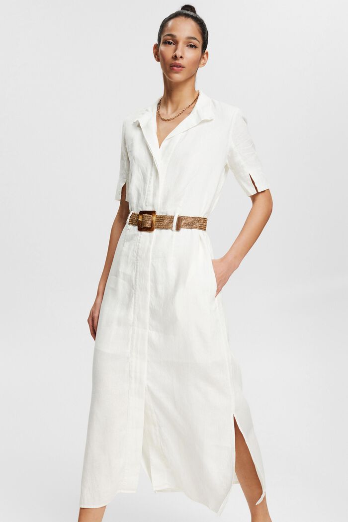 Skjortblusklänning med skärp av 100% linne, WHITE, detail image number 0