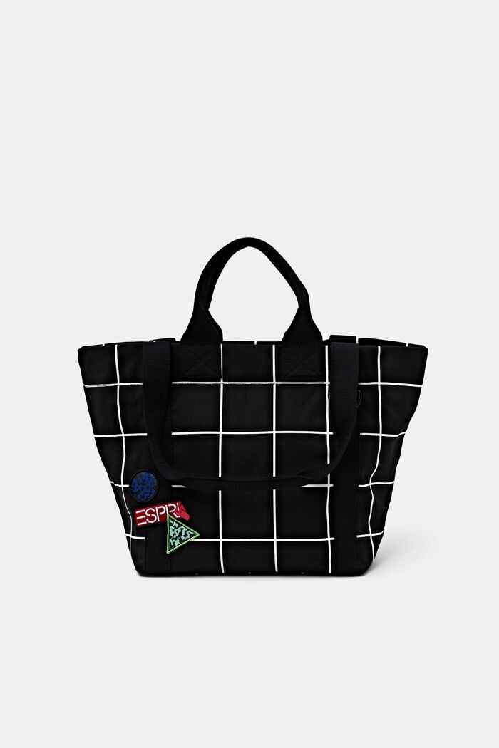 Shoppingväska i bomullscanvas med rutigt tryck, BLACK, detail image number 0