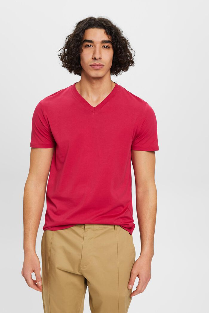 V-ringad T-shirt i bomull med smal passform, DARK PINK, detail image number 0