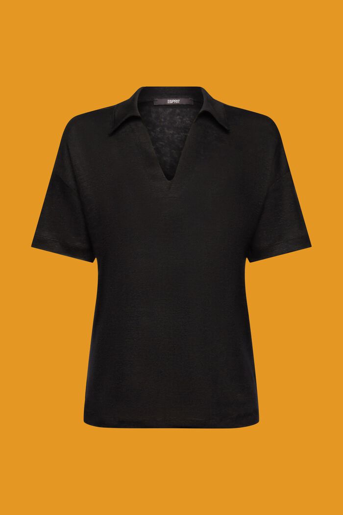 T-shirt med polokrage, 100% linne, BLACK, detail image number 6