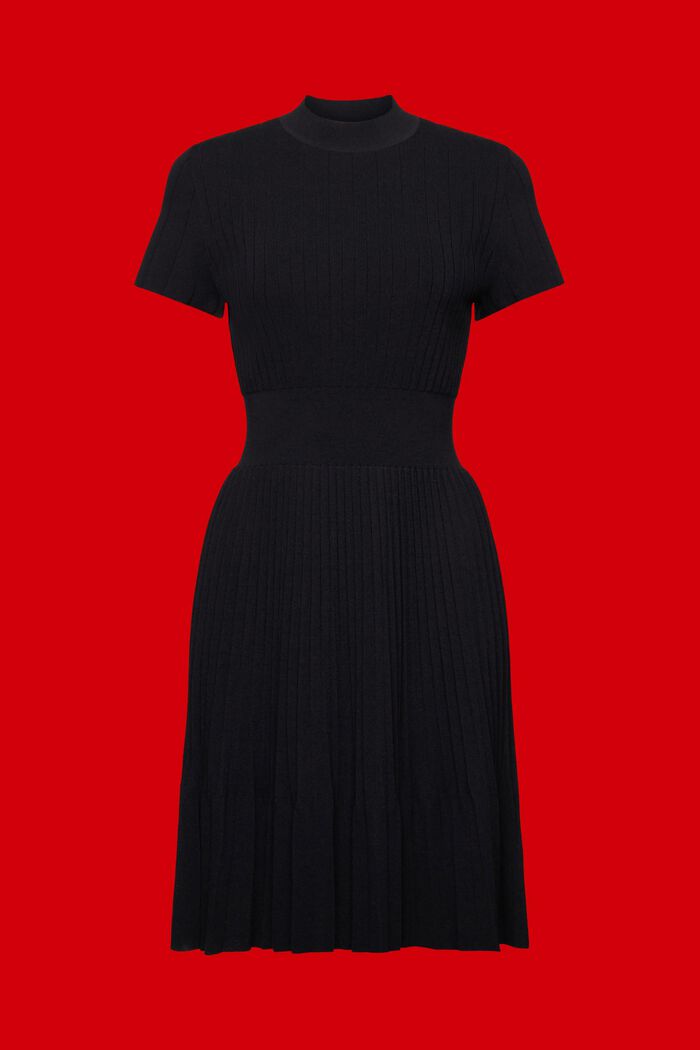 Veckad kortärmad midiklänning med halvpolokrage, BLACK, detail image number 6