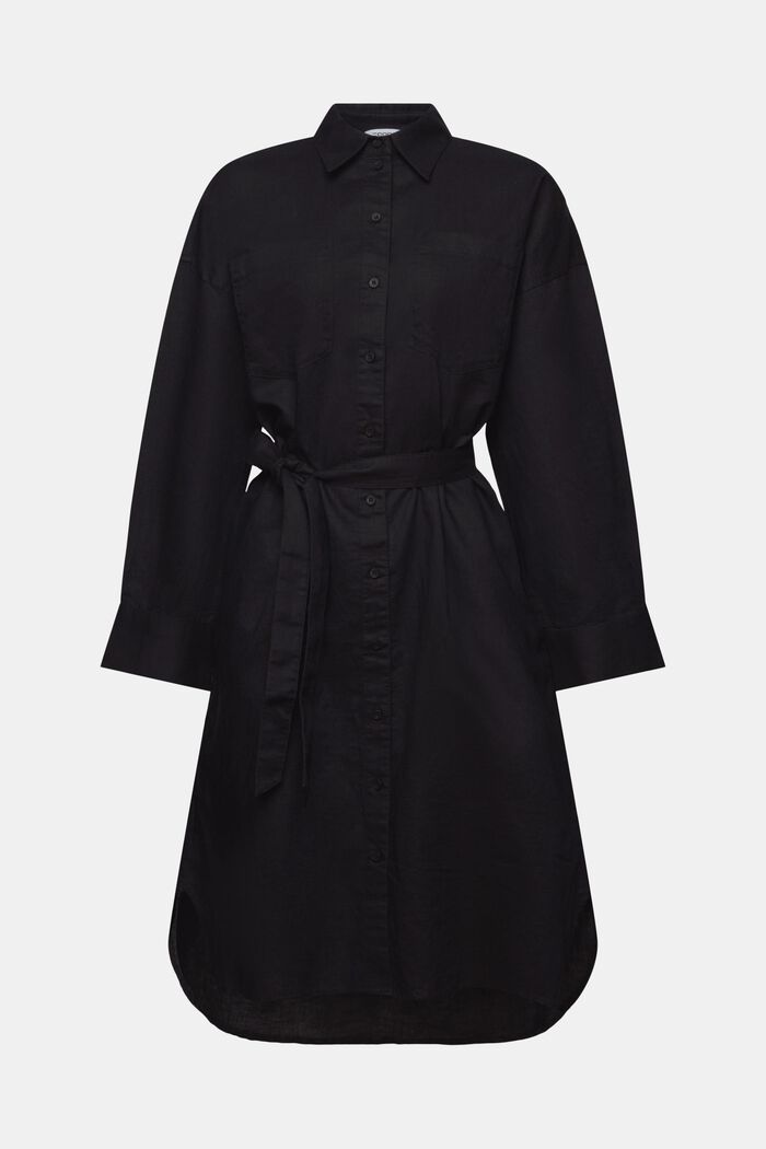 Skjortklänning med skärp i linne-bomullsmix, BLACK, detail image number 5