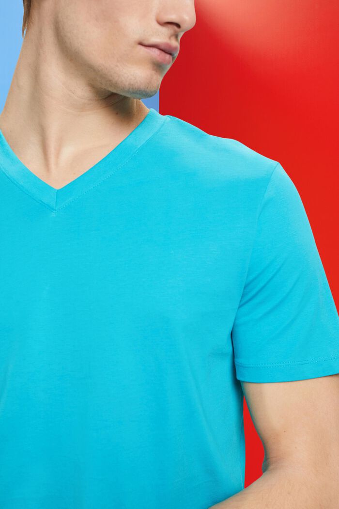 V-ringad T-shirt i bomull med smal passform, AQUA GREEN, detail image number 2