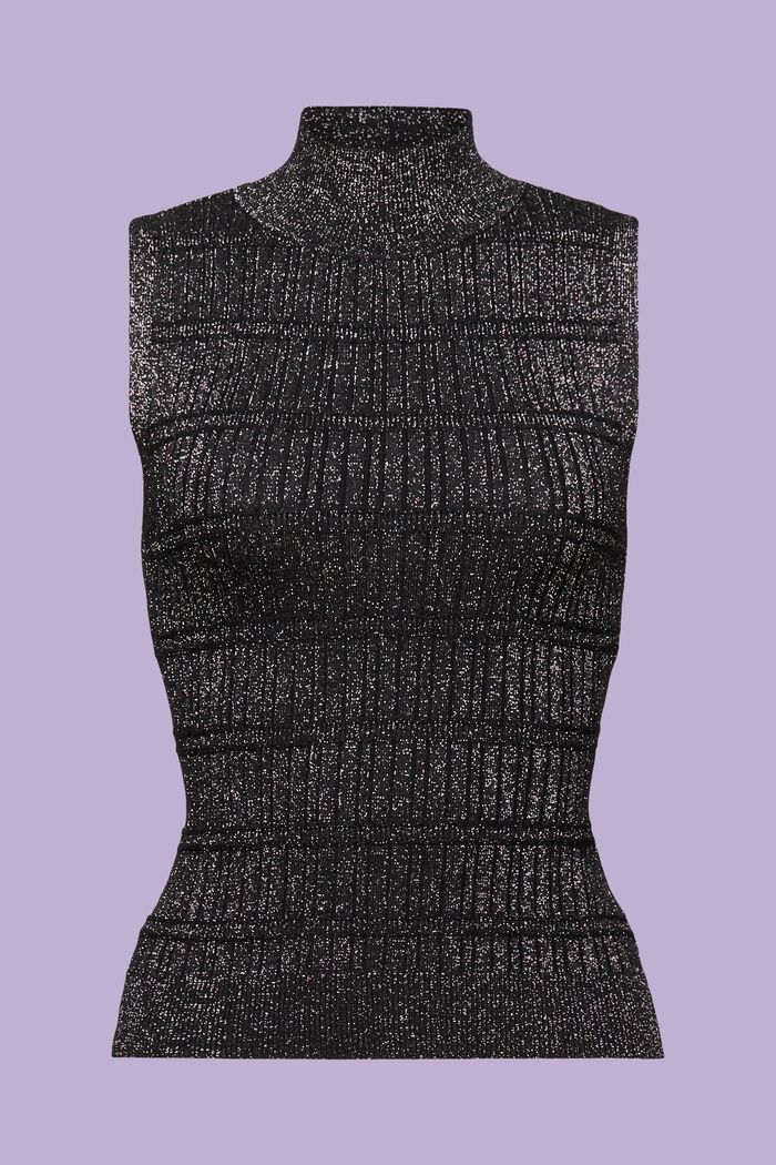 Ärmlös tröja i metallicgarn med halvpolo, BLACK, detail image number 6