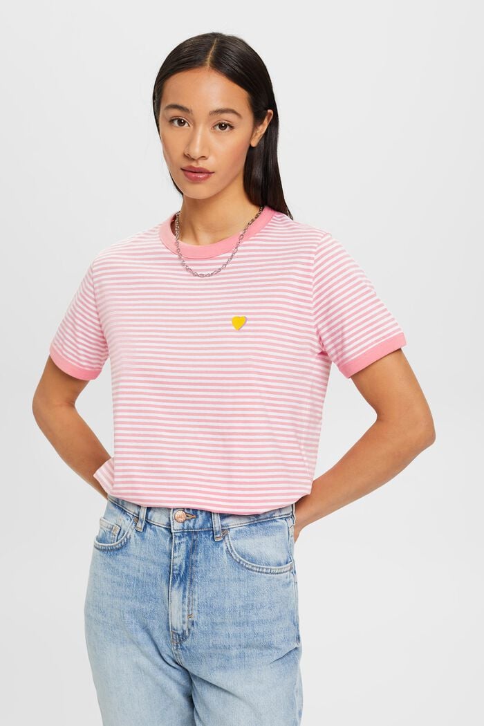 Randig bomulls-T-shirt med broderat motiv, PINK, detail image number 0