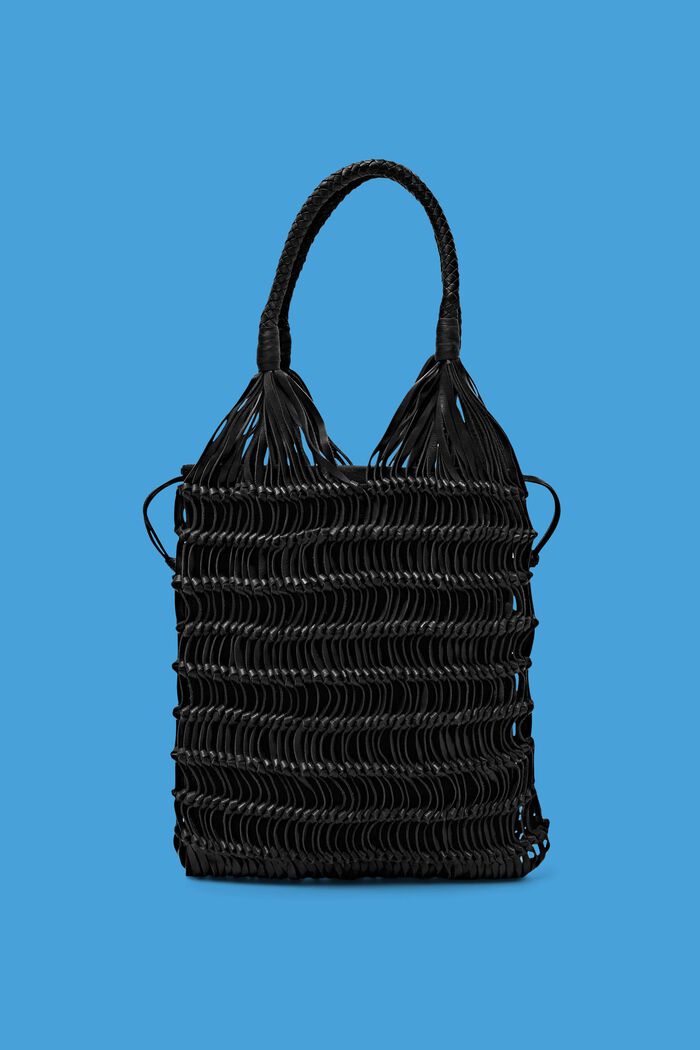 Shoppingväska av skinn i knuten design, BLACK, detail image number 0
