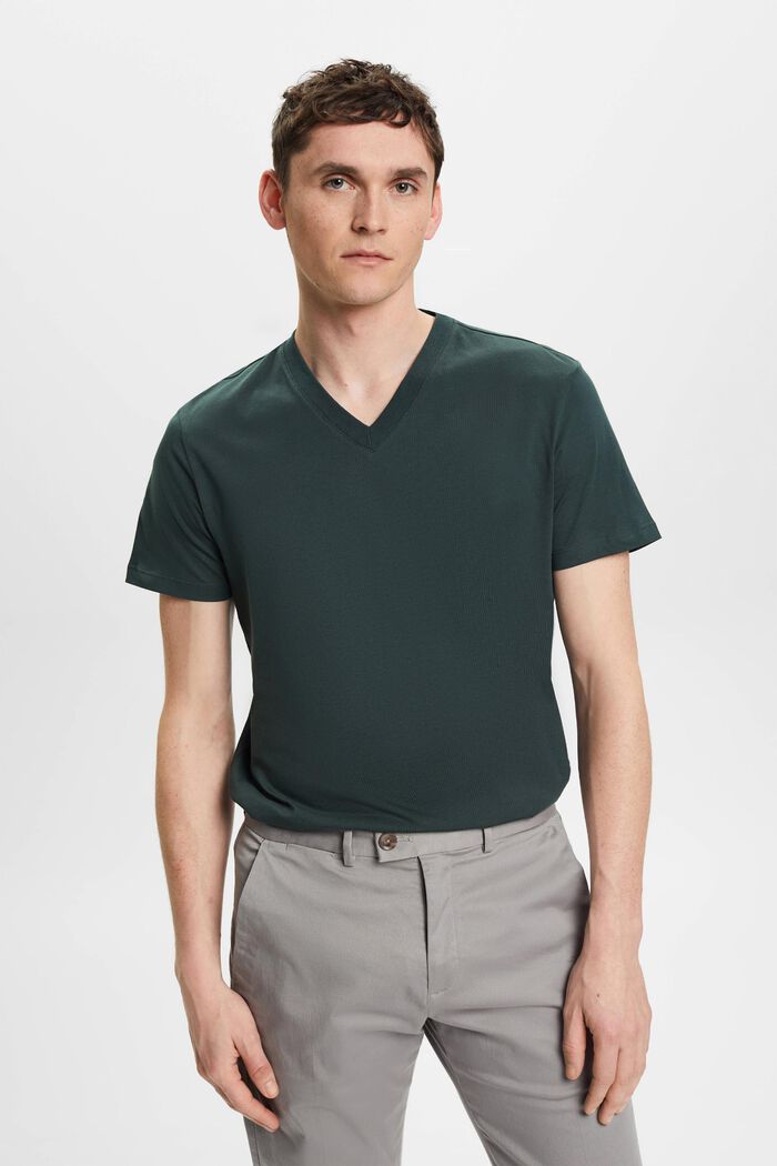V-ringad T-shirt i bomull med smal passform, TEAL BLUE, detail image number 0