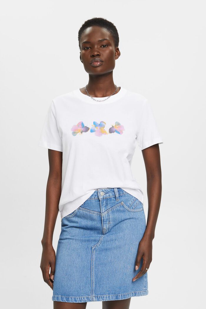 Bomulls-T-shirt med blomtryck, WHITE, detail image number 0
