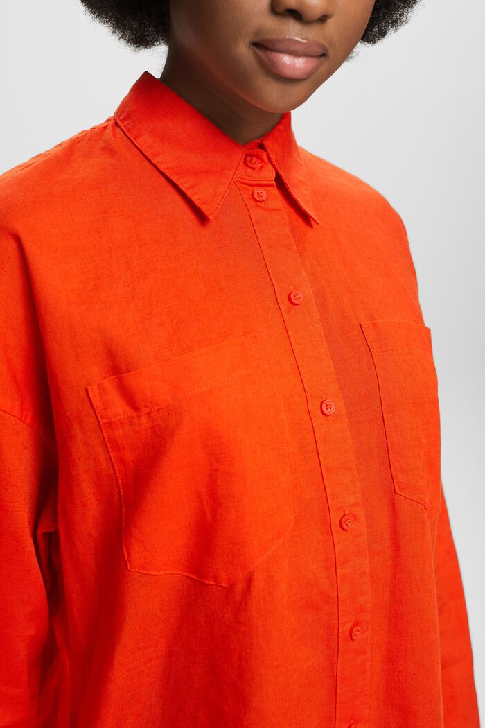 Skjortklänning med skärp i linne-bomullsmix, BRIGHT ORANGE, detail image number 3