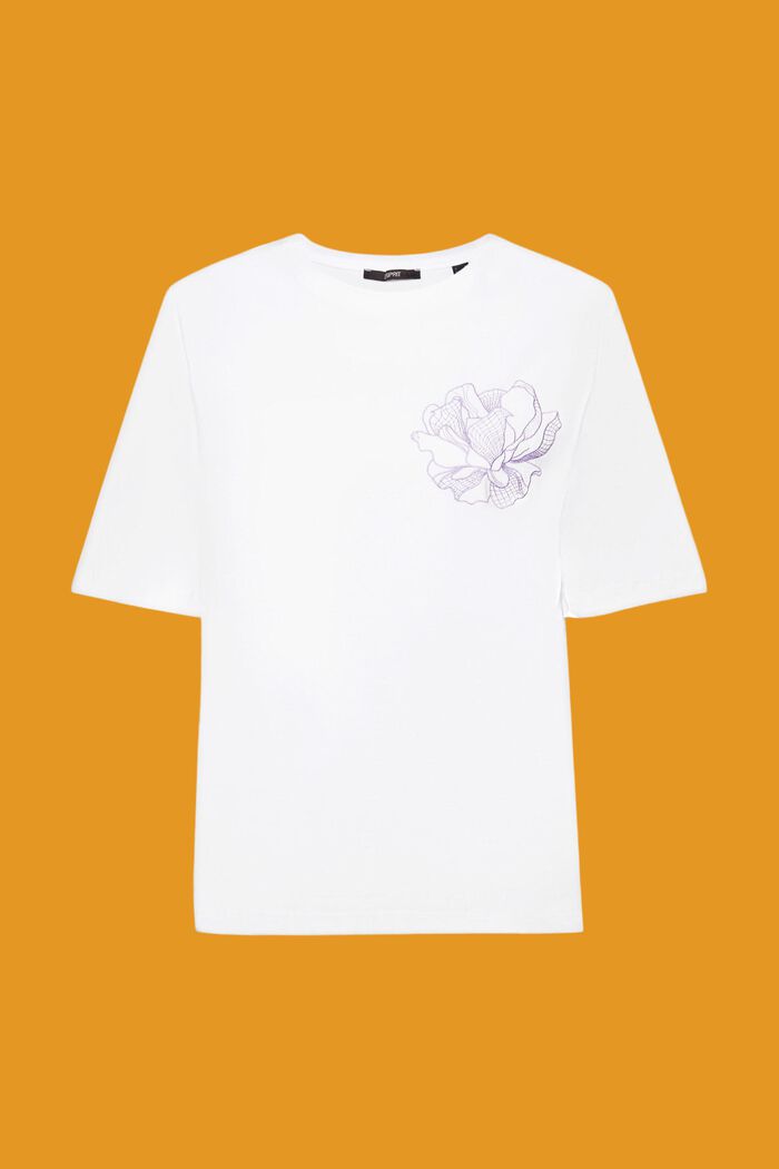 Bomulls-T-shirt med broderad blomma, OFF WHITE, detail image number 6
