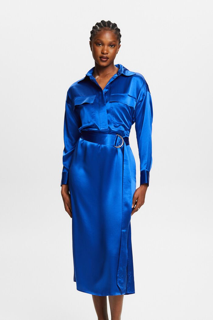 Midiklänning i siden med skärp, BRIGHT BLUE, detail image number 0
