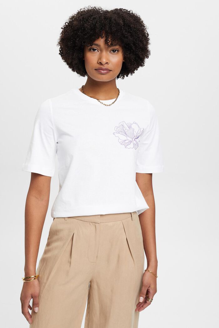 Bomulls-T-shirt med broderad blomma, OFF WHITE, detail image number 0