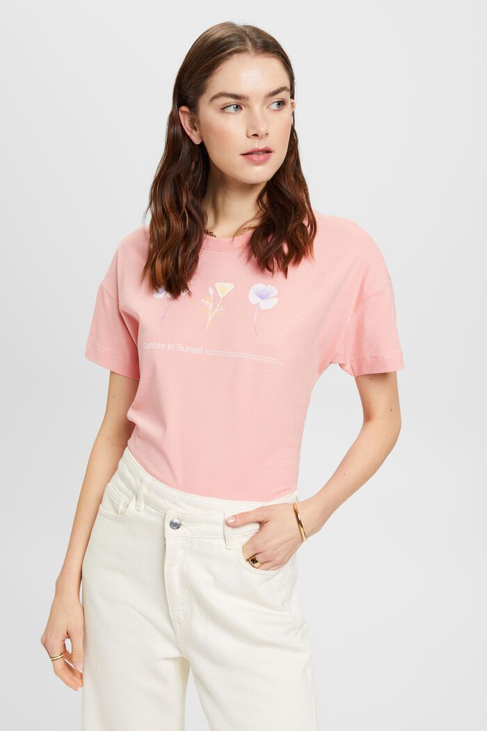 T-shirt med blommigt tryck på bröstet, PINK, detail image number 0