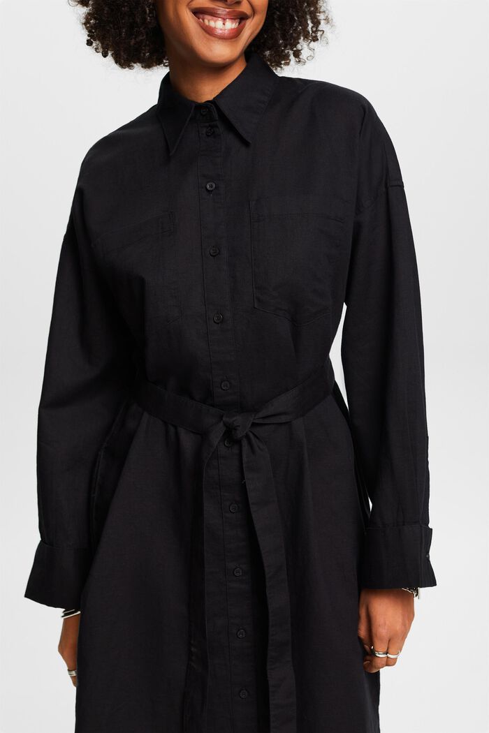 Skjortklänning med skärp i linne-bomullsmix, BLACK, detail image number 3