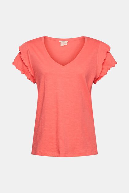 T-shirt med volangärm, CORAL RED, overview