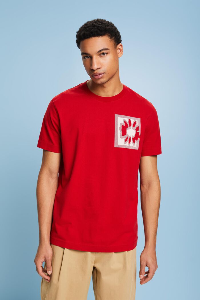 T-shirt med blomtryck och logo, DARK RED, detail image number 0
