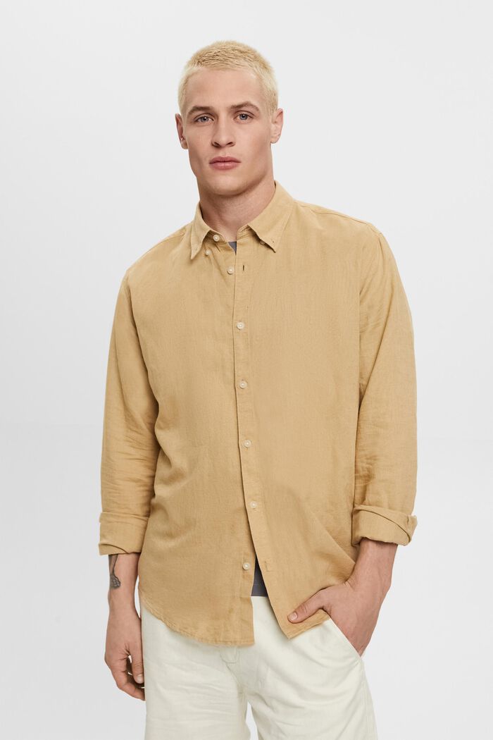 Button down-skjorta i blandad bomull och linne, BEIGE, detail image number 0