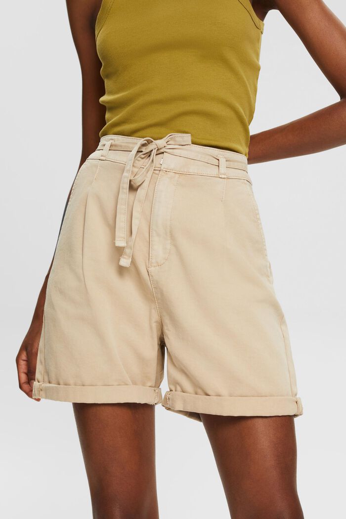 Shorts i 100% pimabomull med hög midja, BEIGE, detail image number 0