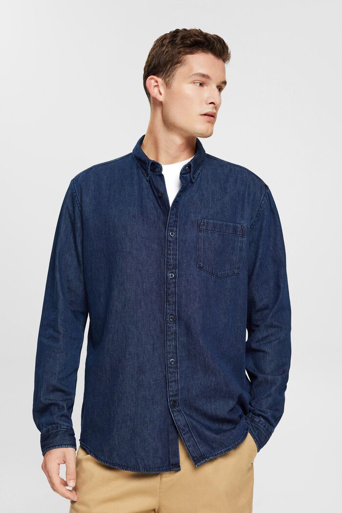 Jeansskjorta med påsydd ficka, BLUE DARK WASHED, detail image number 0