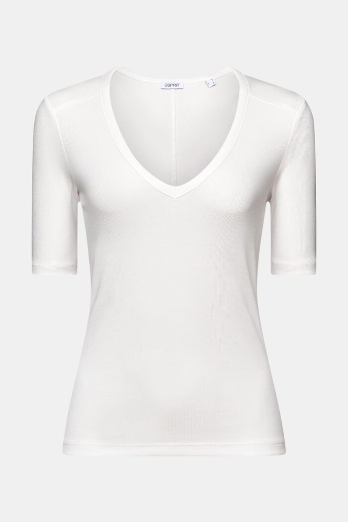 Ribbad V-ringad T-shirt, OFF WHITE, detail image number 6