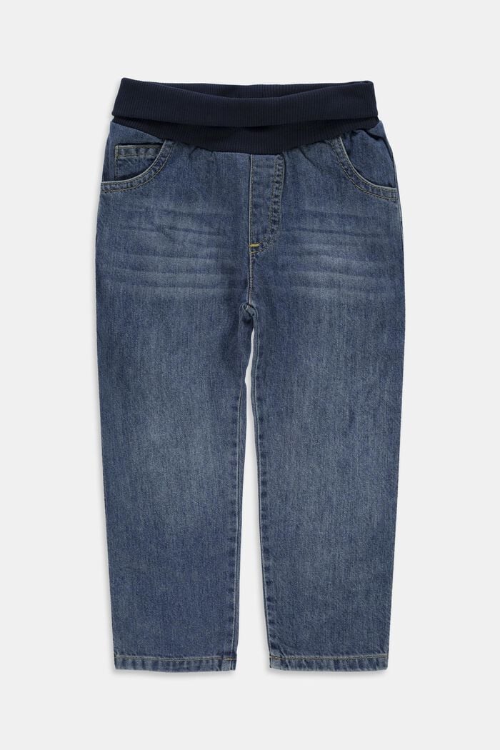 Jeans med ribbad linning, 100% ekobomull, BLUE MEDIUM WASHED, overview