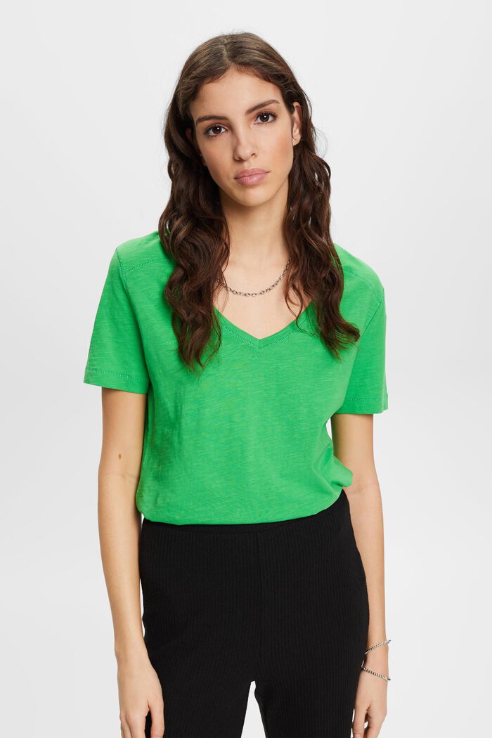 V-ringad bomulls-T-shirt med dekorativa sömmar, GREEN, detail image number 0