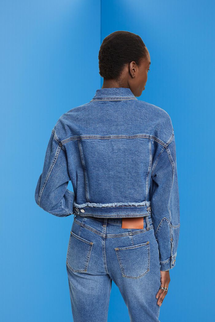 Kort jeansjacka med fransar, BLUE DARK WASHED, detail image number 3