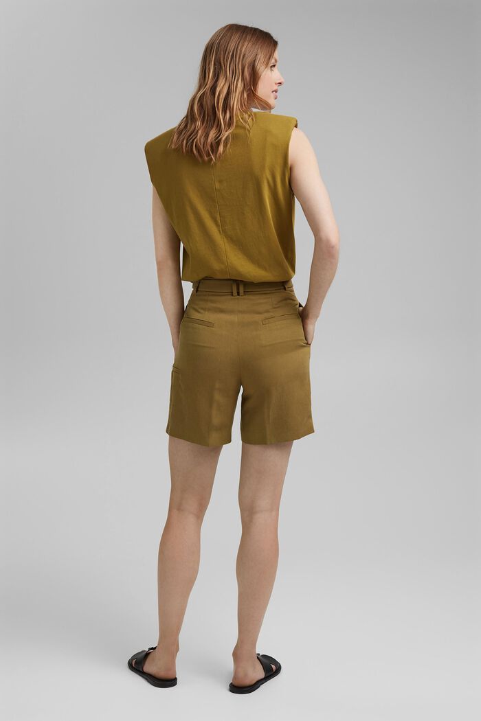 Med linneandel: Shorts med hög midja och skärp, OLIVE, detail image number 3