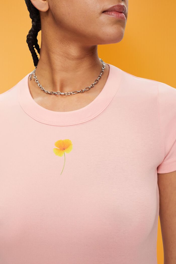 T-shirt med blomtryck på bröstet, PINK, detail image number 2