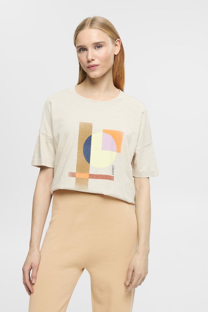 Bomulls-T-shirt med geometriskt mönster, LIGHT TAUPE, detail image number 0