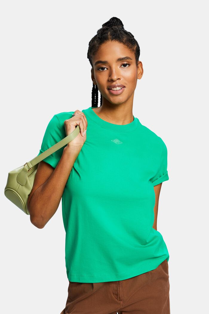 T-shirt i pimabomull med broderad logo, GREEN, detail image number 0