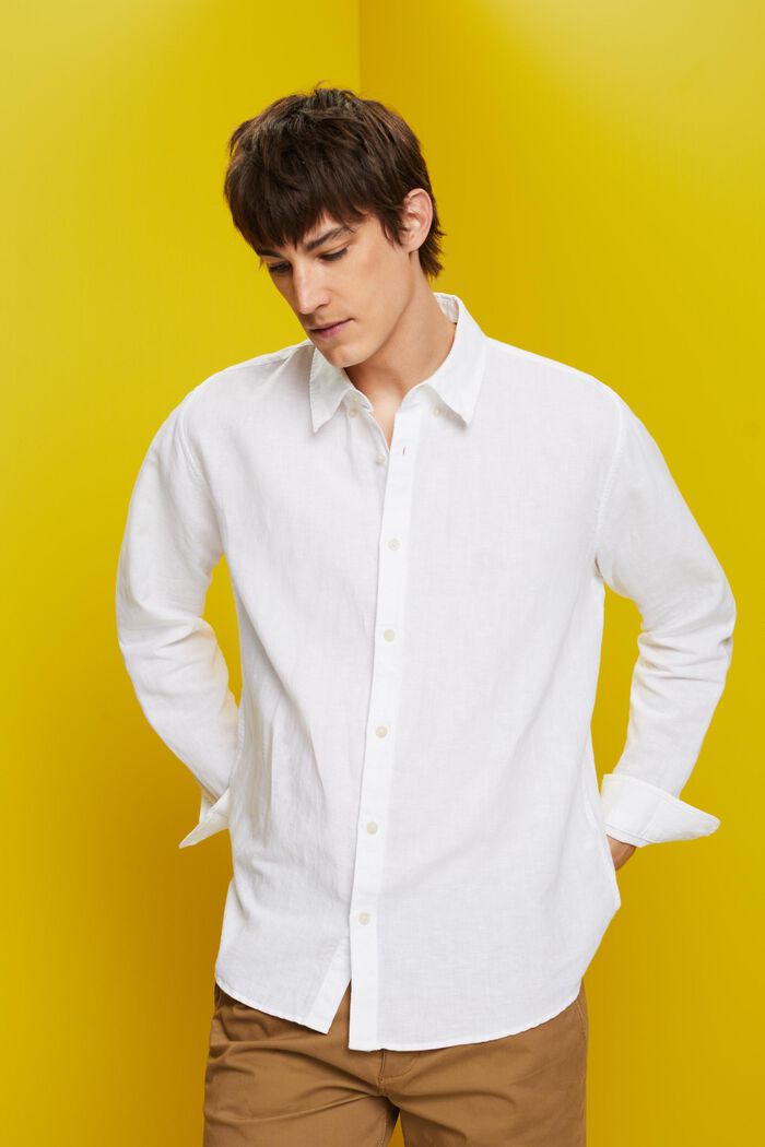 Button down-skjorta i blandad bomull och linne, WHITE, detail image number 0